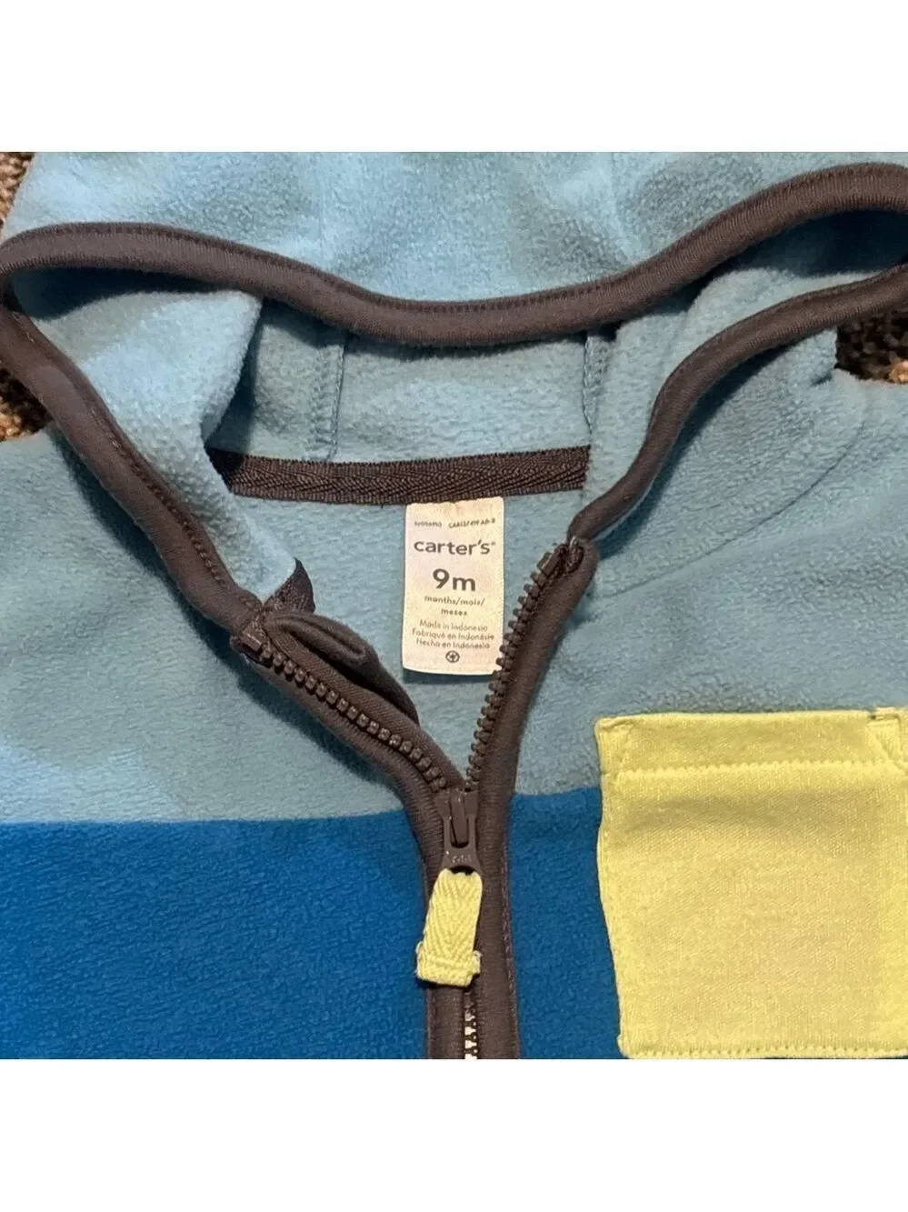 Carter’s Blue and Gray Kids One Piece with Yellow Pocket Fleece Footie 9mo